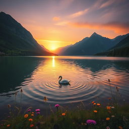 A captivating scene of a tranquil lake surrounded by lush green forests and majestic mountains in the background