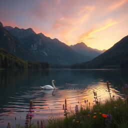 A captivating scene of a tranquil lake surrounded by lush green forests and majestic mountains in the background