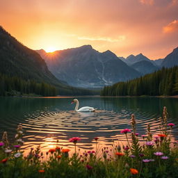 A captivating scene of a tranquil lake surrounded by lush green forests and majestic mountains in the background