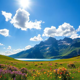 A stunning landscape photo featuring a majestic mountain range under a clear blue sky with fluffy white clouds