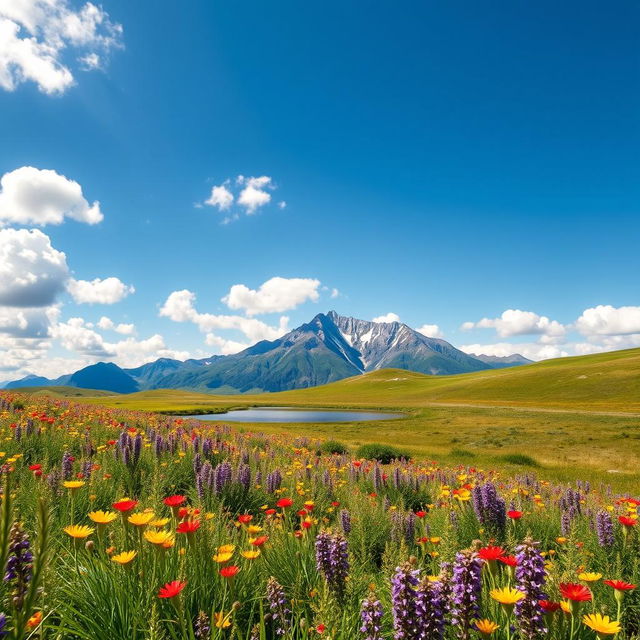 A stunning landscape photo featuring a majestic mountain range under a clear blue sky with fluffy white clouds