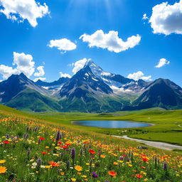 A stunning landscape photo featuring a majestic mountain range under a clear blue sky with fluffy white clouds