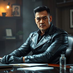 A relatively muscular Korean man aged around 43 to 45 years, wearing a sleek black leather outfit and gloves, sitting at a prominent desk in a detective-style office environment