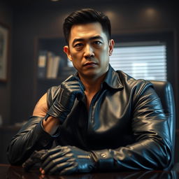 A relatively muscular Korean man aged around 43 to 45 years, wearing a sleek black leather outfit and gloves, sitting at a prominent desk in a detective-style office environment
