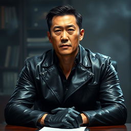 A relatively muscular Korean man aged around 43 to 45 years, wearing a sleek black leather outfit and gloves, sitting at a prominent desk in a detective-style office environment