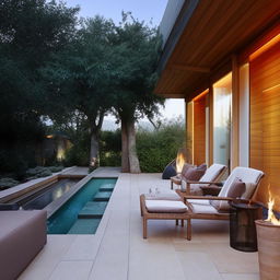 A 25 feet wide and 50 feet long terrace featuring a small pool, a relaxing sit-out area, and a chic fireplace chiminea.