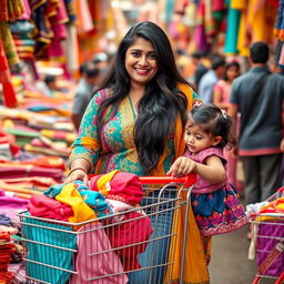A cheerful Indian chubby woman with long black hair, wearing a colorful kurta and jeans, is shopping in a bustling market