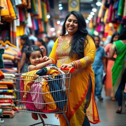 A cheerful Indian chubby woman with long black hair, wearing a colorful kurta and jeans, is shopping in a bustling market