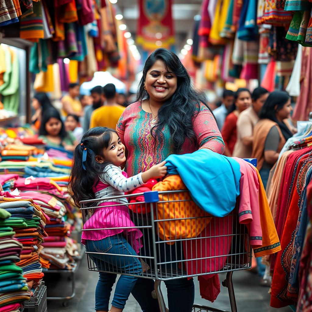 A cheerful Indian chubby woman with long black hair, wearing a colorful kurta and jeans, is shopping in a bustling market