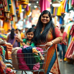 A cheerful Indian chubby woman with long black hair, wearing a colorful kurta and jeans, is shopping in a bustling market