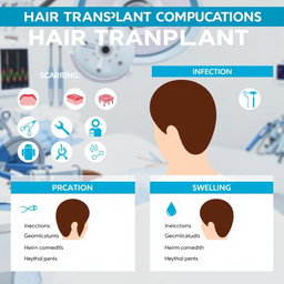 A detailed infographic illustrating the potential complications of hair transplant procedures