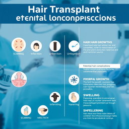 A detailed infographic illustrating the potential complications of hair transplant procedures