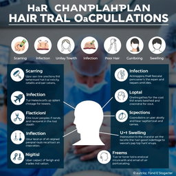 A detailed infographic illustrating the potential complications of hair transplant procedures