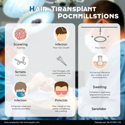 A detailed infographic illustrating the potential complications of hair transplant procedures