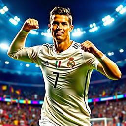 A dynamic portrait of a male professional football player resembling Cristiano Ronaldo, showcasing his signature goal celebration pose