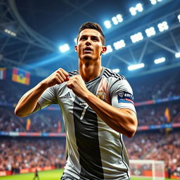 A dynamic portrait of a male professional football player resembling Cristiano Ronaldo, showcasing his signature goal celebration pose