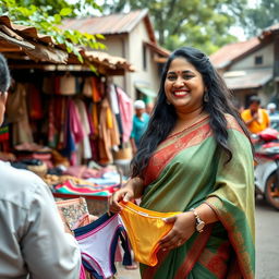 A joyful Indian chubby woman with long hair, wearing a traditional colorful saree, is shopping for panties in a quaint village market