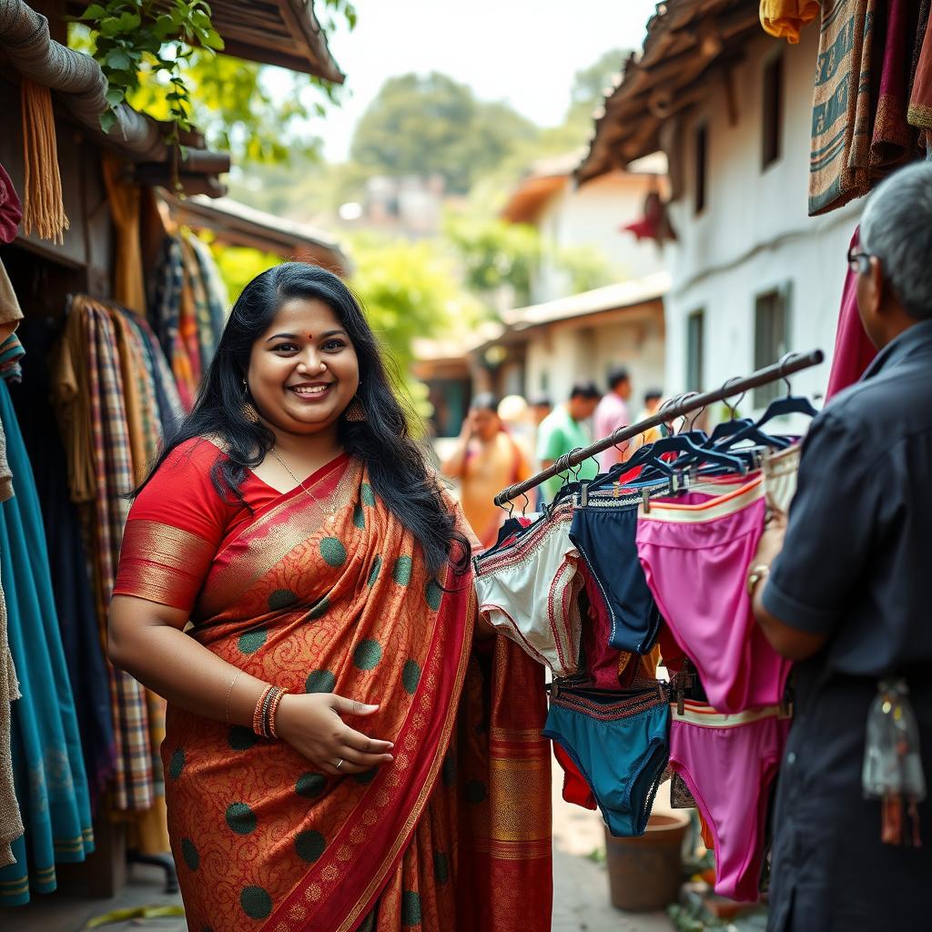 A joyful Indian chubby woman with long hair, wearing a traditional colorful saree, is shopping for panties in a quaint village market