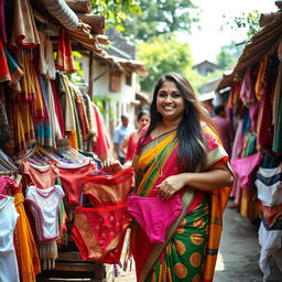 A joyful Indian chubby woman with long hair, wearing a traditional colorful saree, is shopping for panties in a quaint village market