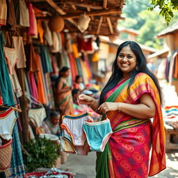 A joyful Indian chubby woman with long hair, wearing a traditional colorful saree, is shopping for panties in a quaint village market