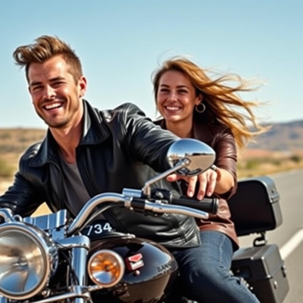 A couple enjoying a thrilling ride on a Harley motorcycle