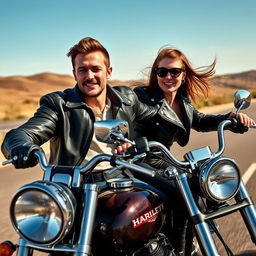 A couple enjoying a thrilling ride on a Harley motorcycle
