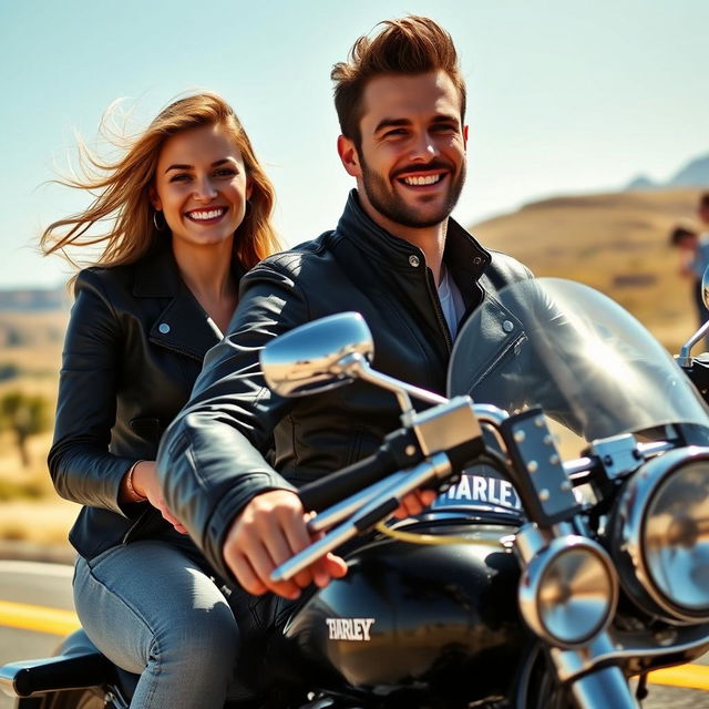 A couple enjoying a thrilling ride on a Harley motorcycle