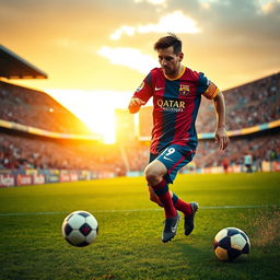 A dynamic action shot of Lionel Messi in mid-play during an intense soccer match, showcasing his signature dribbling style and agility
