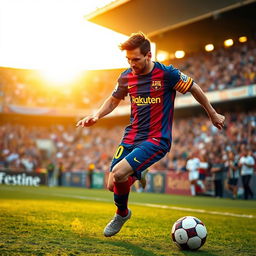 A dynamic action shot of Lionel Messi in mid-play during an intense soccer match, showcasing his signature dribbling style and agility