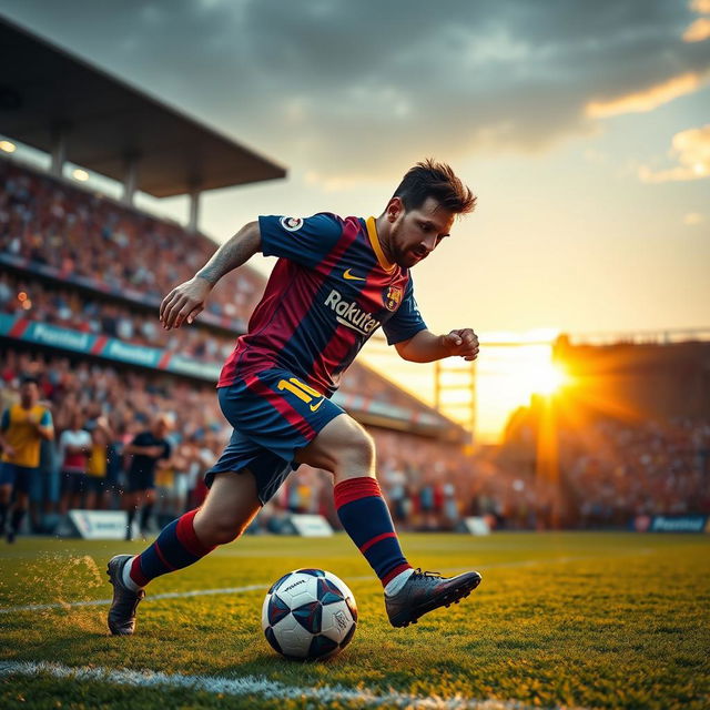 A dynamic action shot of Lionel Messi in mid-play during an intense soccer match, showcasing his signature dribbling style and agility