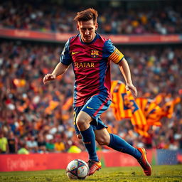 A dynamic action shot of Lionel Messi in mid-play during an intense soccer match, showcasing his signature dribbling style and agility