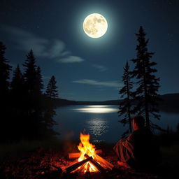 A serene night scene illuminated by a full moon, casting silver light on a tranquil lake surrounded by tall pine trees