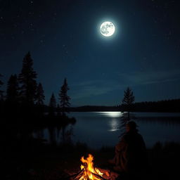 A serene night scene illuminated by a full moon, casting silver light on a tranquil lake surrounded by tall pine trees