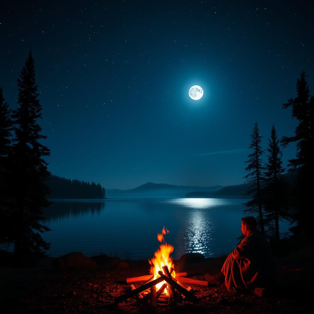 A serene night scene illuminated by a full moon, casting silver light on a tranquil lake surrounded by tall pine trees