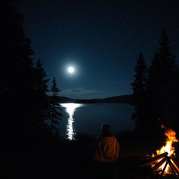 A serene night scene illuminated by a full moon, casting silver light on a tranquil lake surrounded by tall pine trees
