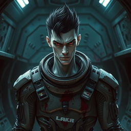 A tall male character with pale skin, striking black hair, and vivid crimson eyes, dressed in a futuristic, damaged space suit that shows signs of wear and tear