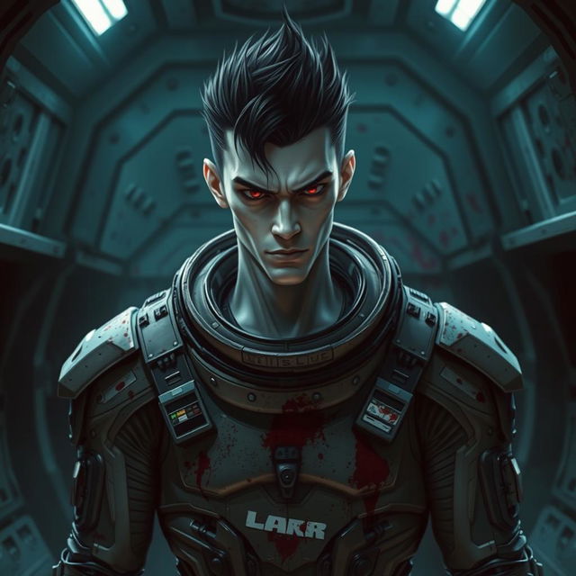A tall male character with pale skin, striking black hair, and vivid crimson eyes, dressed in a futuristic, damaged space suit that shows signs of wear and tear