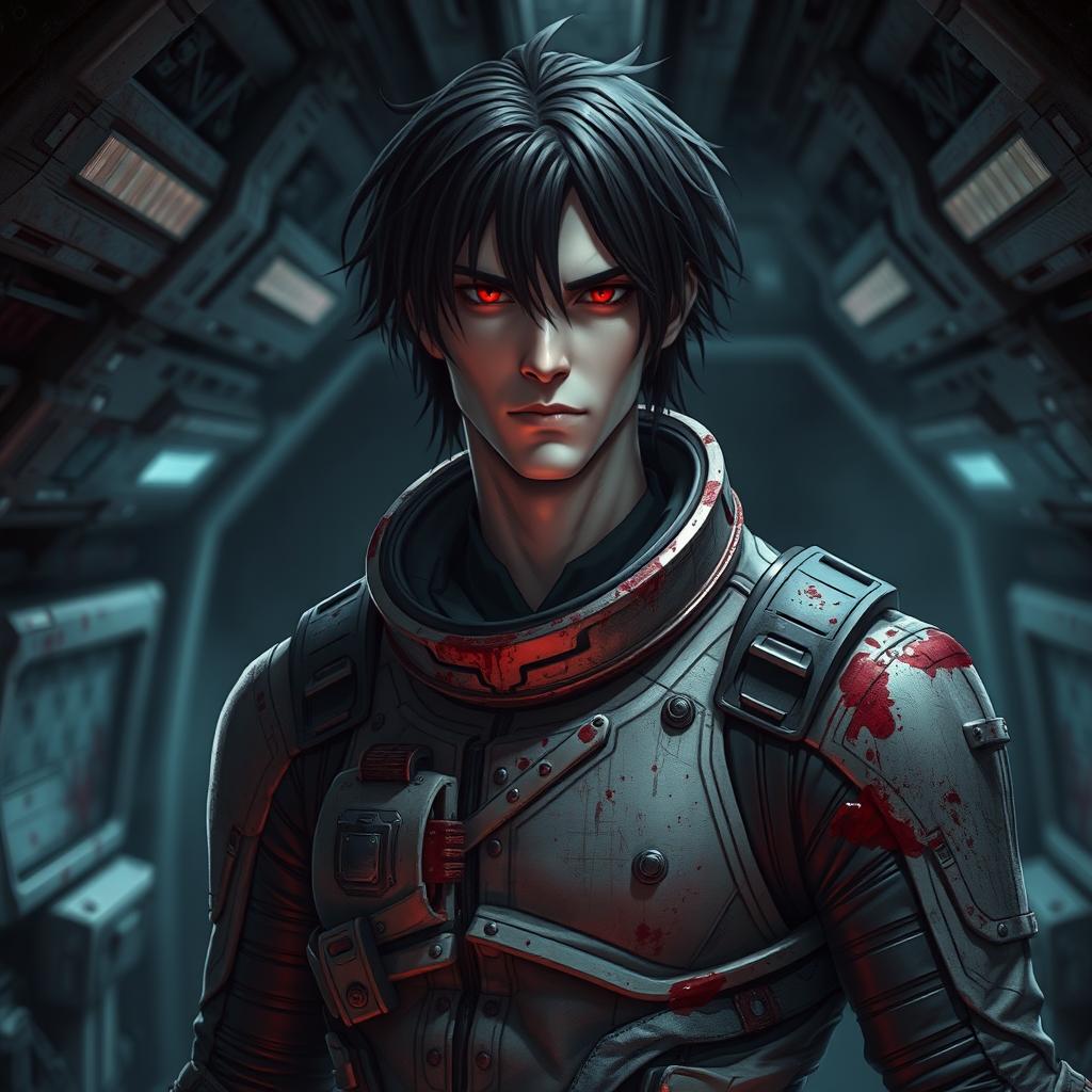 A tall male character with pale skin, striking black hair, and vivid crimson eyes, dressed in a futuristic, damaged space suit that shows signs of wear and tear