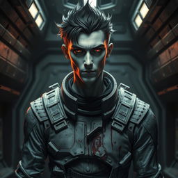 A tall male character with pale skin, striking black hair, and vivid crimson eyes, dressed in a futuristic, damaged space suit that shows signs of wear and tear