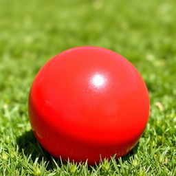 A vibrant and glossy red ball, positioned center-frame against a soft, blurred background of green grass
