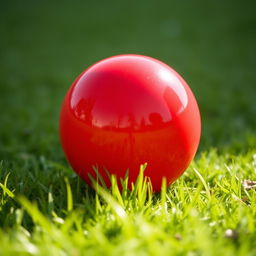A vibrant and glossy red ball, positioned center-frame against a soft, blurred background of green grass
