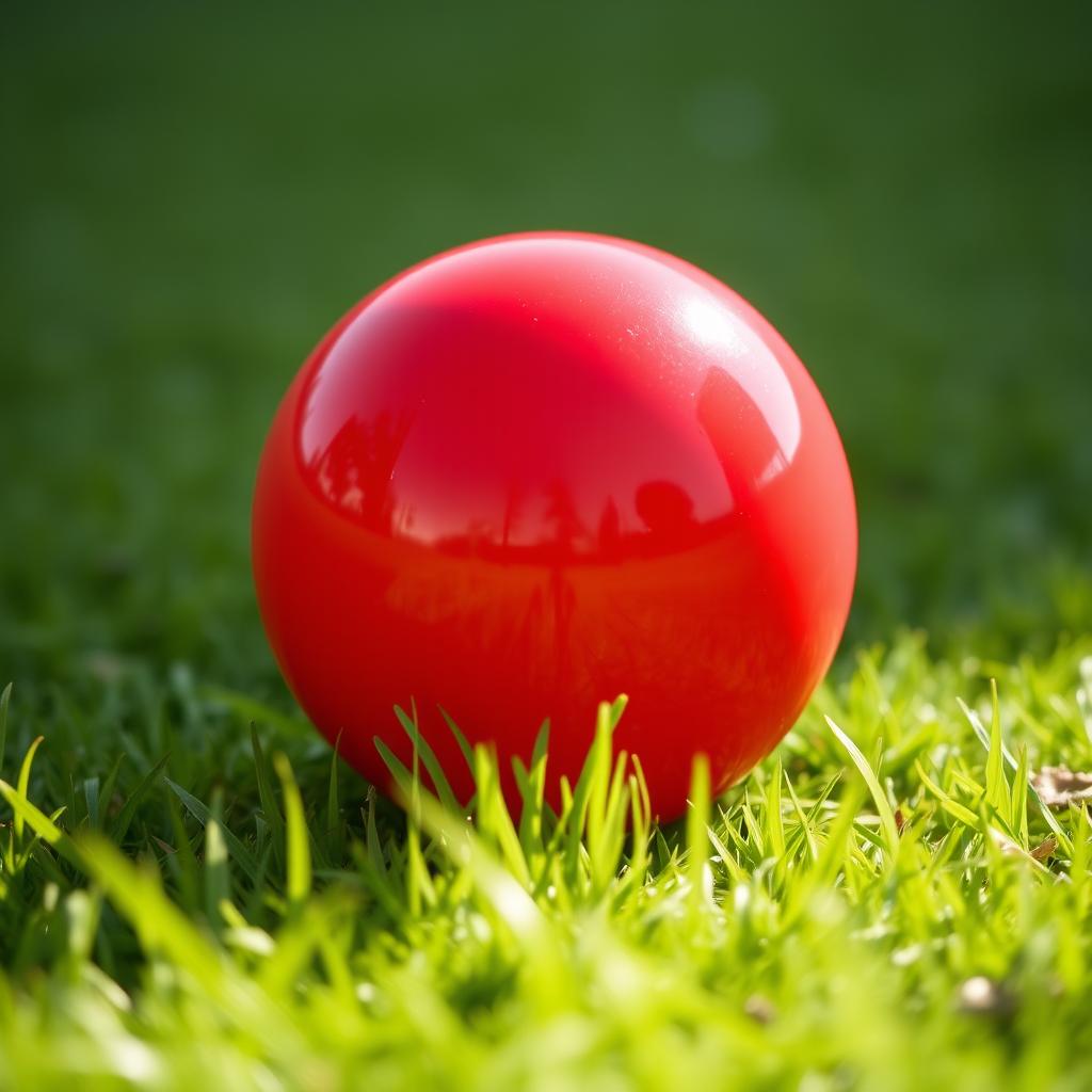 A vibrant and glossy red ball, positioned center-frame against a soft, blurred background of green grass