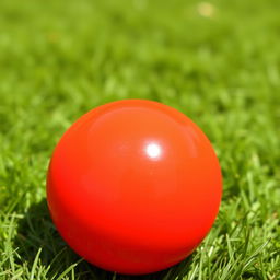 A vibrant and glossy red ball, positioned center-frame against a soft, blurred background of green grass