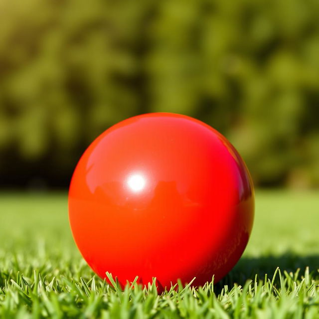 A vibrant and glossy red ball, positioned center-frame against a soft, blurred background of green grass