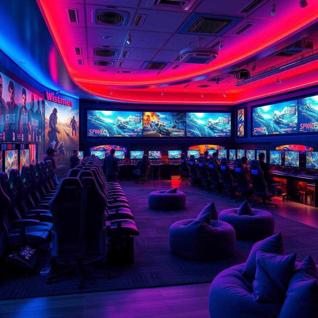 A stunningly beautiful gaming center, featuring sleek, modern design with vibrant LED lighting, ergonomic gaming chairs arranged in clusters, large curved monitors displaying breathtaking graphics of popular games, and a variety of gaming consoles lined up neatly