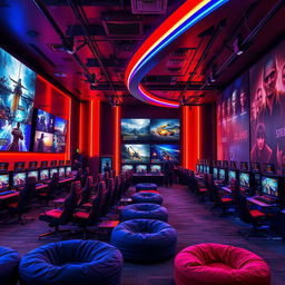 A stunningly beautiful gaming center, featuring sleek, modern design with vibrant LED lighting, ergonomic gaming chairs arranged in clusters, large curved monitors displaying breathtaking graphics of popular games, and a variety of gaming consoles lined up neatly