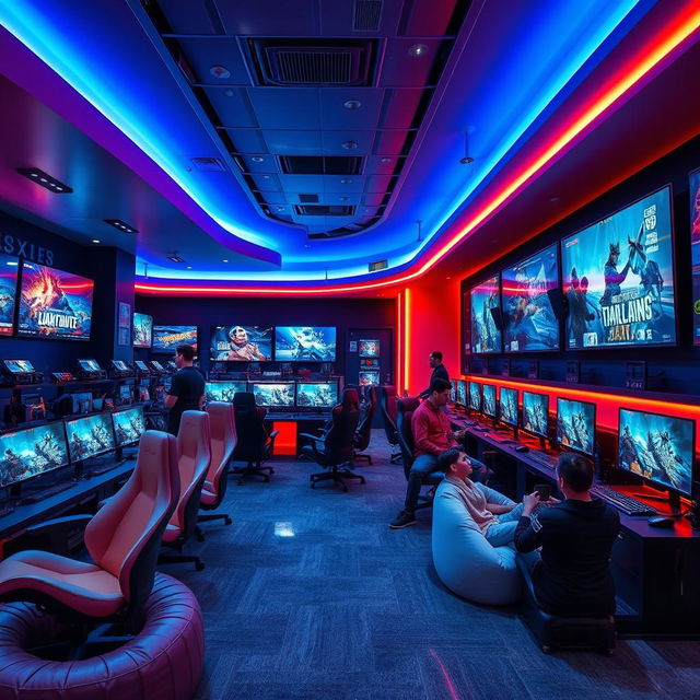 A stunningly beautiful gaming center, featuring sleek, modern design with vibrant LED lighting, ergonomic gaming chairs arranged in clusters, large curved monitors displaying breathtaking graphics of popular games, and a variety of gaming consoles lined up neatly