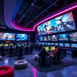 A stunningly beautiful gaming center, featuring sleek, modern design with vibrant LED lighting, ergonomic gaming chairs arranged in clusters, large curved monitors displaying breathtaking graphics of popular games, and a variety of gaming consoles lined up neatly