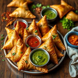 A vibrant and delicious display of samosas on a beautifully arranged platter