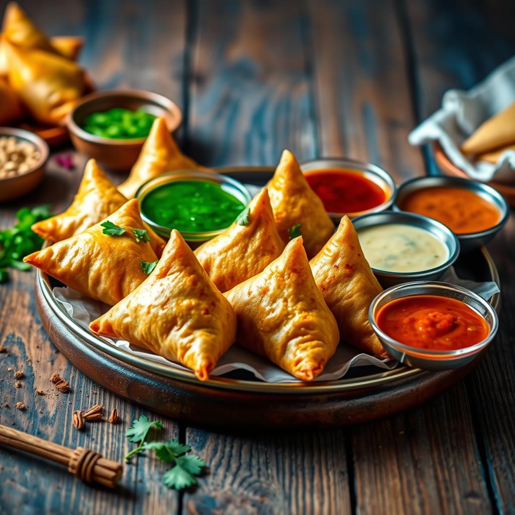 A vibrant and delicious display of samosas on a beautifully arranged platter